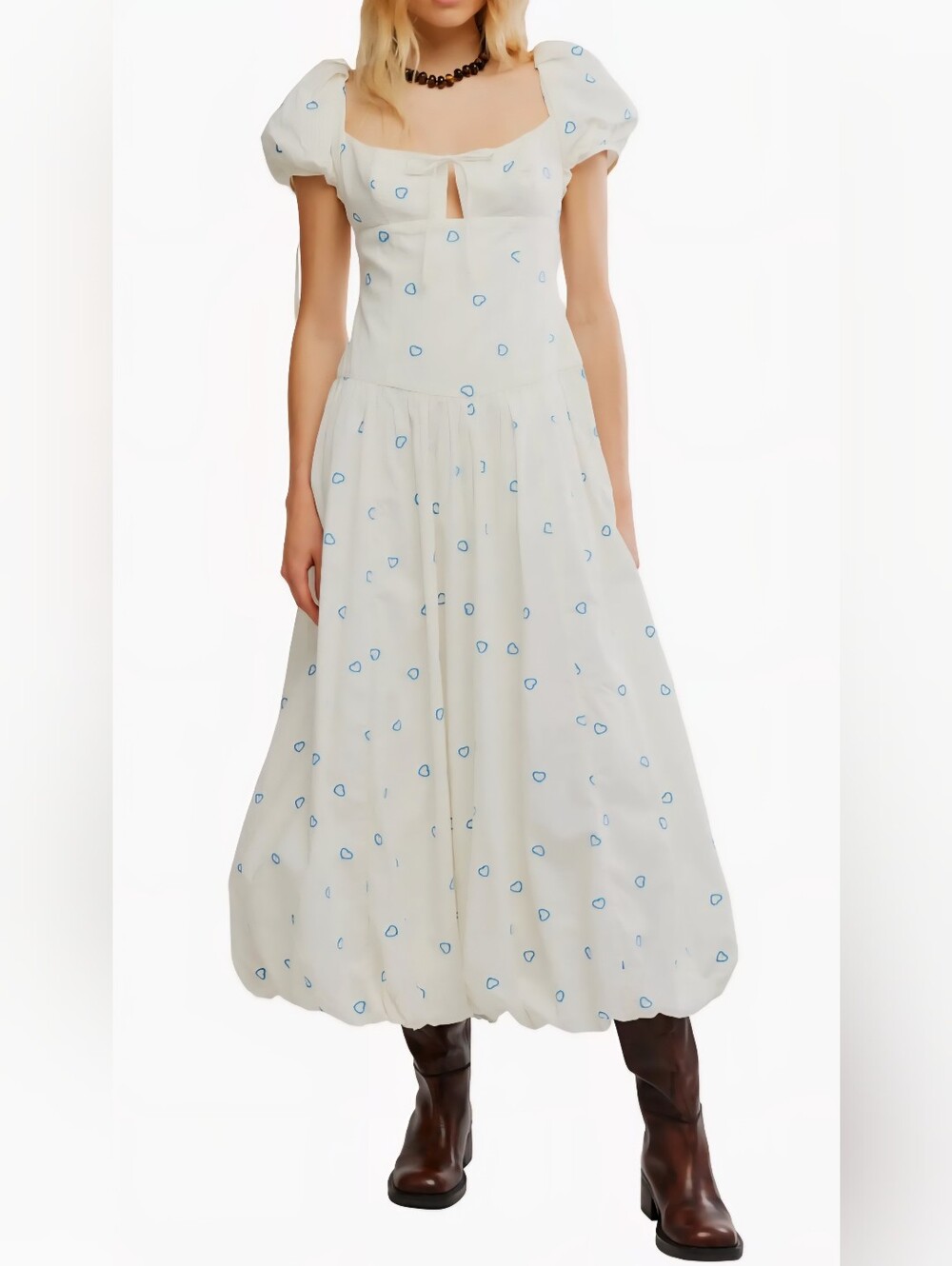 Free People White Maxi Skirt with Blue Dot Print